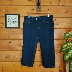 Ann Taylor Denim Cropped Capri Jeans Dark Wash Lower Waist Flap Size 8(32) x 20"